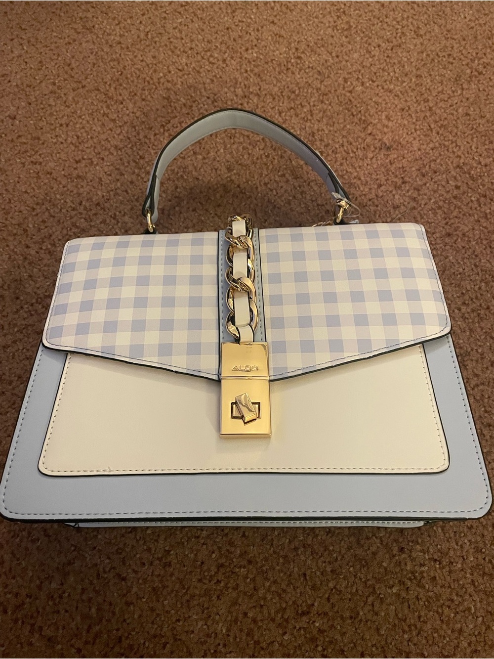 Aldo Pastel Blue & Cream Gingham Top Handle Satchel